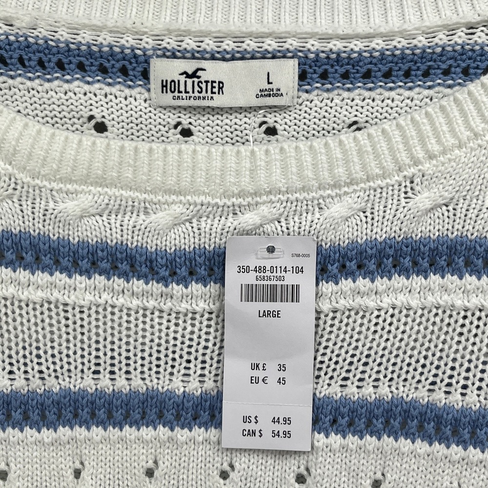 NEW Hollister Sweater Womens L White Blue Striped Cropped Pointelle Knit Cotton - Picture 7 of 9